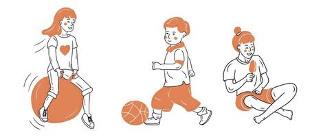 Set of doodle contour drawing of happy playing and eating children. Jumping on fitness ball, playing football and eating ice cream. flat sketchy illustration isolated on white background vector