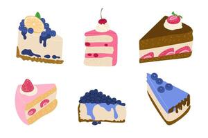 Pieces of tasty cakes with blueberries, strawberries and cherry in flat style. flat birthday illustrations isolated on white background. Good for decoration, stickers and logo vector