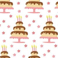 Birthday seamless pattern with 3 layers cakes and candles. Holiday food illustration for birthday party isolated on white background. Perfect for wrapping, wallpaper, kids textile vector