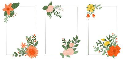 Set of Floral flat greeting card template in kids pastel colors. Rectangle frame for wedding, anniversary and birthday card or banner. Modern abstract hand drawn flowers isolated on white background vector