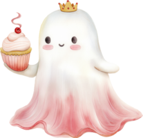 mignonne fantôme porte une couronne en portant une petit gâteau png