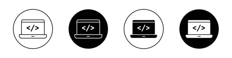 monitor código icono colocar. computadora software programa guión símbolo. web html firmar en negro lleno y resumido estilo. vector