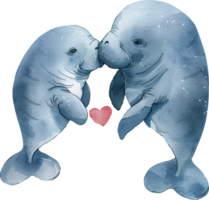 Two Manatees kiss each other with a heart png