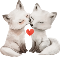 Two Arctic Foxes kiss each other with a heart png