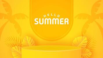 Summer background podium with yellow leaves. Summer background in paper craft style. paper cut and craft style. vector