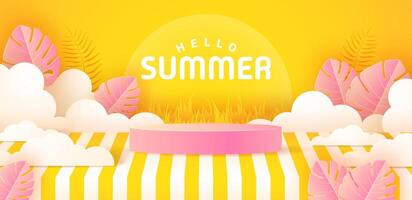 Summer podium background with pink and yellow leaves. Summer background in paper craft style. paper cut and craft style. vector