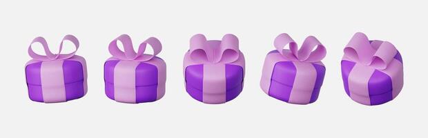 set 3D purple gift boxes closed, adorned with pastel ribbon bows, isolated on a white background. 3D rendered modern holiday surprise boxes. vector