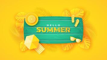 Summer background with yellow leaves and green boards. Summer background in paper craft style. paper cut and craft style. vector