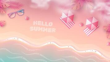 View of the beach from above against a backdrop of umbrellas, leaves, glasses and watermelons. Aerial view of a summer beach represented in 3d. vector