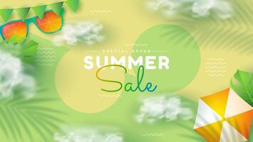 summer sale design against sunny tropical beach 3d background. The layout banner is designed in an attractive style. vector