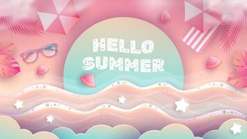 View of the beach from above against a backdrop of umbrellas, leaves, glasses and watermelons. Aerial view of a summer beach represented in 3d. vector