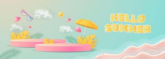 Hello summer poster banner display podium with summer beach scene design background vector