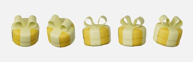 set 3D yellow gift boxes closed, adorned with pastel ribbon bows, isolated on a white background. 3D rendered modern holiday surprise boxes. vector