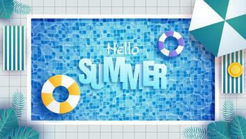 Summer banner design on swimming pool background with floating elements like leaves and beach ball for summer vacation vacation. vector