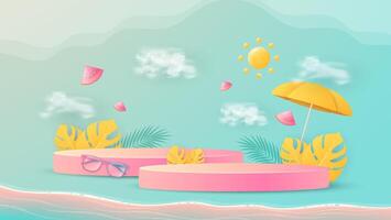Hello summer poster banner display podium with summer beach scene design background vector