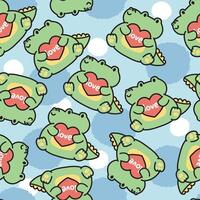 Seamless pattern of cute crocodile hold love heart background.Reptile animal character cartoon design.Image for card,baby product,Print screen clothing.Valentines day.Kawaii.Illustration. vector