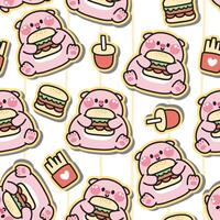 Seamless pattern of cute pig hold hamburger background.Farm animal character cartoon design.French fries.Drink.Fastfood.Image for card,baby product,Print screen clothing.Kawaii.Illustration. vector