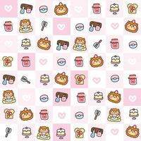 Seamless pattern of cute lion hold donut with bakery icon background.Wild animal character cartoon design.Image for card,Print screen clothing.Heart,cake,jam, bread,strawberry.Kawaii. vector
