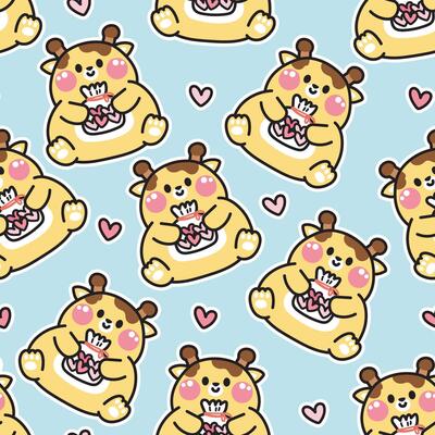 Seamless pattern of cute giraffe hold heart bag on background.Wild animal character cartoon design.Image for card,baby product,Print screen clothing.Valentines day.Love.Kawaii.Illustration.