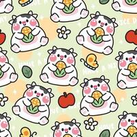 Seamless pattern of cute cow hold corn on pastel background.Farm animal character cartoon design.Image for card,baby product,Print screen clothing.Apple,butterfly,flower,leaf.Kawaii.Illustration. vector