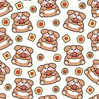 Seamless pattern of cute dog hold cookies on white background.Pet animal character cartoon design.Image for card,baby product,Print screen clothing.Bakery,dessert,sweet.Kawaii.Illustration. vector