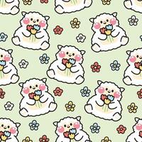 Seamless pattern of cute sheep hold flower on pastel background.Sheep animal character cartoon design.Image for card,baby product,Print screen clothing.Spring.Nature.Kawaii.Illustration. vector