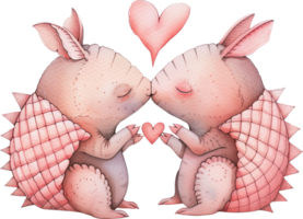 Two Baby Armadillos kiss each other with a heart png