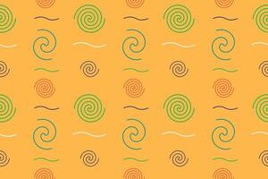 Bright and playful seamless Memphis style pattern with colorful spirals and wavy lines on an orange background. Ideal for textiles and digital designs vector