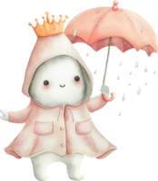 Cute ghost wears a crown in a raincoat with an umbrella png