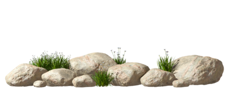 Nature realistic rocks position landscape with grass flower isolate backgrounds 3d render png