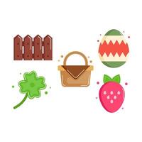 set of Farming icons style flat Illustration with Fence, basket, egg, strawberry and Clover isolated white background. vector