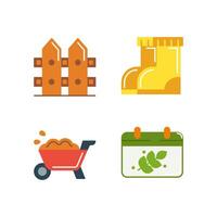 set of Farming icons style flat Illustration with Fence, Boot, Wheelbarrow and calender isolated white background. vector