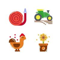 set of Farming icons style flat Illustration with Hose, tractor, flower isolated white background. vector