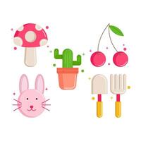 set of Farming icons style flat Illustration with mushroom, cactus, cherry, Rabbit. frok spon isolated white background. vector