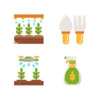 set of Farming icons style flat Illustration with Watering Plants, Shovel and Fork, drone, sprayer isolated white background. vector