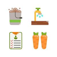 set of Farming icons style flat Illustration with Bucket, Faucet, check list and Carrots isolated white background. vector