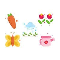 set of Farming icons style flat Illustration with carrot, rain, flower, Butterfly and Watering Can isolated white background. vector