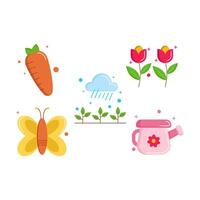 conjunto de agricultura íconos estilo plano ilustración con zanahoria, lluvia, flor, mariposa y riego lata aislado blanco antecedentes. vector