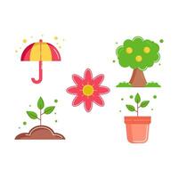 set of Farming icons style flat Illustration with Umbrella, Tree,soil plant and plant pot isolated white background. vector