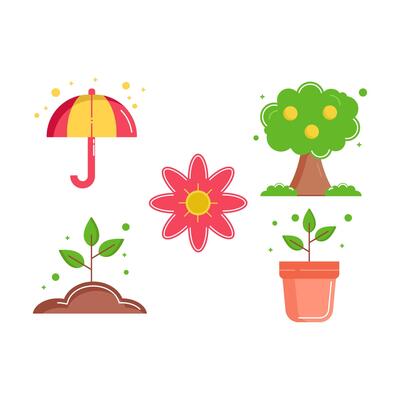 set of Farming icons style flat Illustration with Umbrella, Tree,soil plant and plant pot isolated white background.