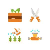 set of Farming icons style flat Illustration with Vegetables, Scissors, Watering Can, Sprinkler isolated white background. vector