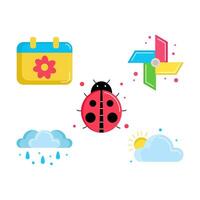 set of Farming icons style flat Illustration with calender, Pinwheel, rain, sun and Ladybug isolated white background. vector