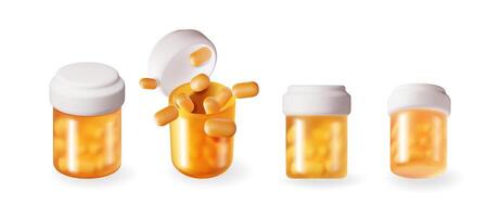 3D set of glass bottle full of pills. Render collection of medicine package for pills, capsule, drugs. Box for pain treatment. Medical drug vitamin antibiotic. Healthcare pharmacy. vector