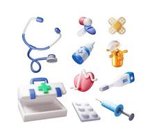 3d medicine icon set isolated. Render medical collection. Spray, pills, first aid kit, thermometer, syringe, heartrate, stethoscope. Healthcare hospital and medical diagnostics. vector