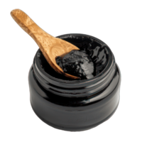 natural Preto colar dentro jarra com bambu colher , orgânico, cuidados com a pele, beleza, carvão, desintoxicação, lustroso, rico textura, luxuoso tratamento png