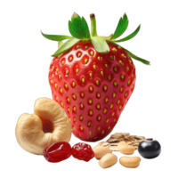 A close up of a strawberry, walnuts, and oatmeal. Concept of health and wellness, as these foods are all nutritious and good for the body. The arrangement of the fruits png