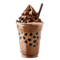 decadente chocolate burbuja té con tapioca perlas, refrescante y dulce con hielo bebida en un taza con azotado crema png