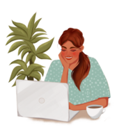 Girl working at a computer laptop, remote work from home png