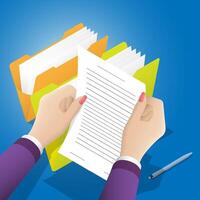 Concept. Female hands hold paper document of clerical archival folder. Storage of documents, statements and contracts. Conclusion of agreements and transfer to archive. Realistic vector