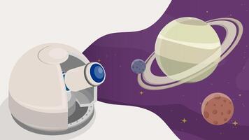 Observatory is watching Satellites on orbit around planet in space. Station for observing space, stars and planets of solar system. Cartoon vector